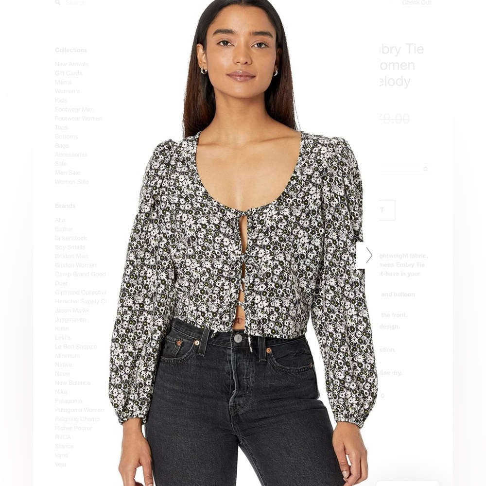 Floral Button-Front Peasant Blouse in Black and White